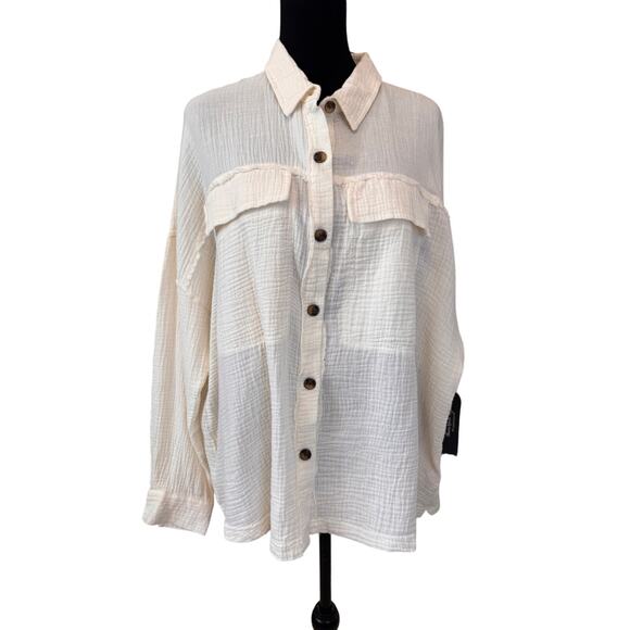 Union Bay Tops - SUPPLIES UNION BAY Women's Cream Liz Gauze Button-Up Shirt Size XL Muslin